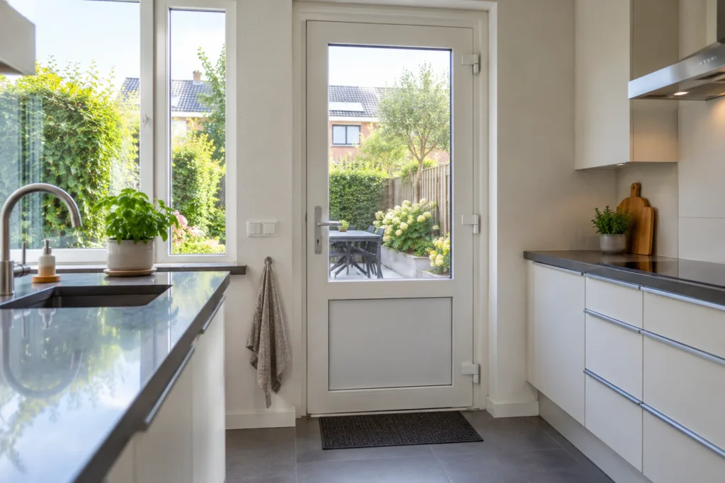Witte kunststof achterdeur met glas tussen keuken en tuin, illustratief beeld