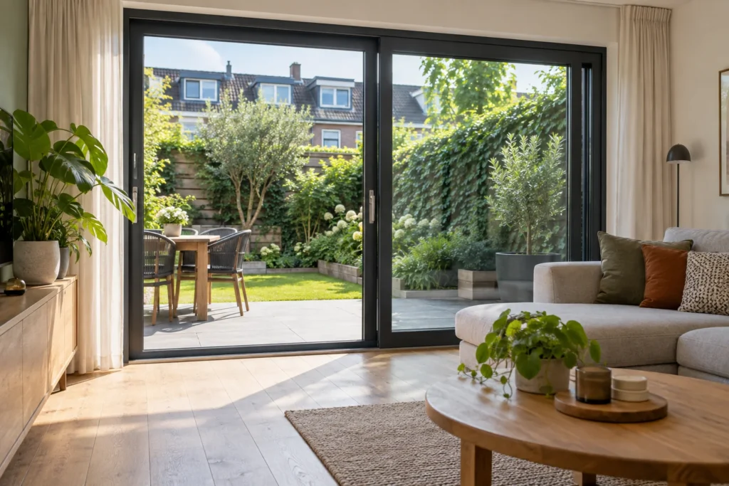 Schuifpui tussen woonkamer en tuin, illustratief beeld
