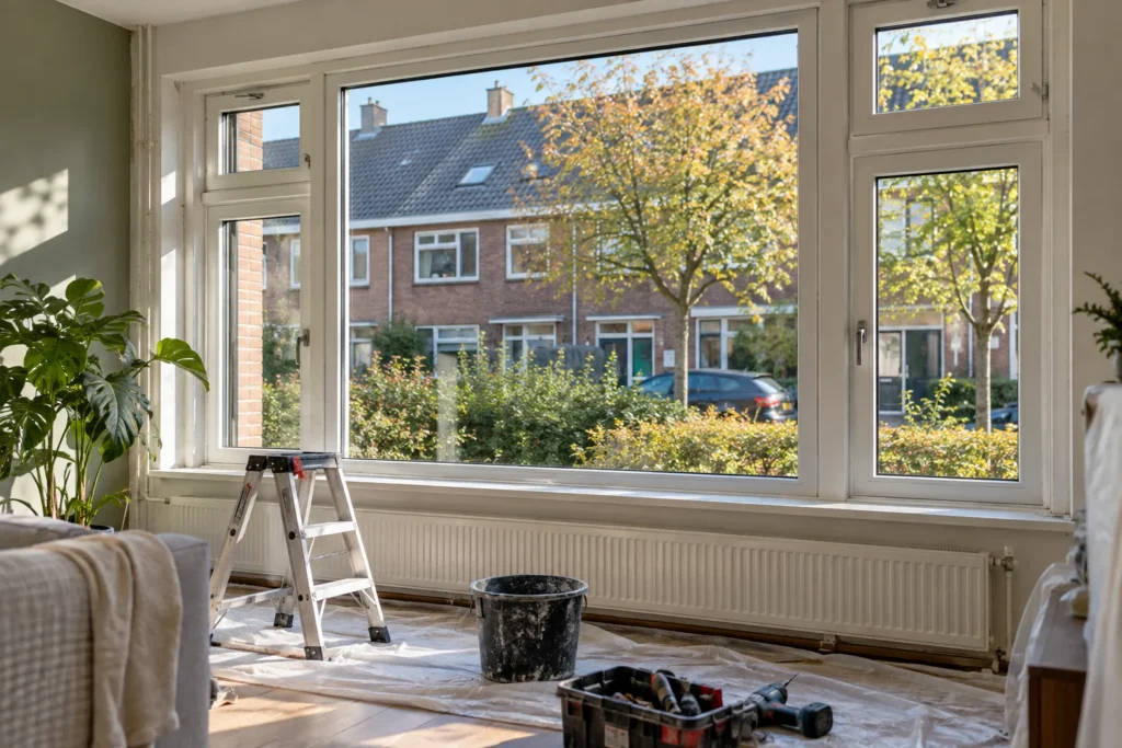 Werkruimte bij een groot raam met gereedschap en een trapje, illustratief beeld