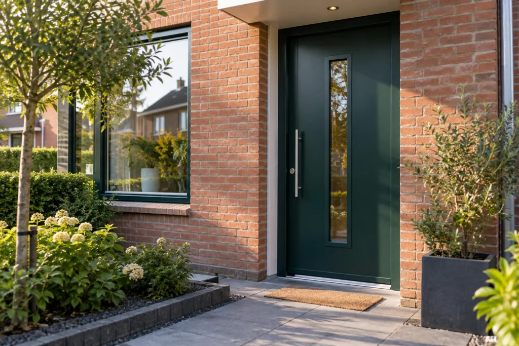 Kunststof voordeur in een woninggevel, illustratief beeld